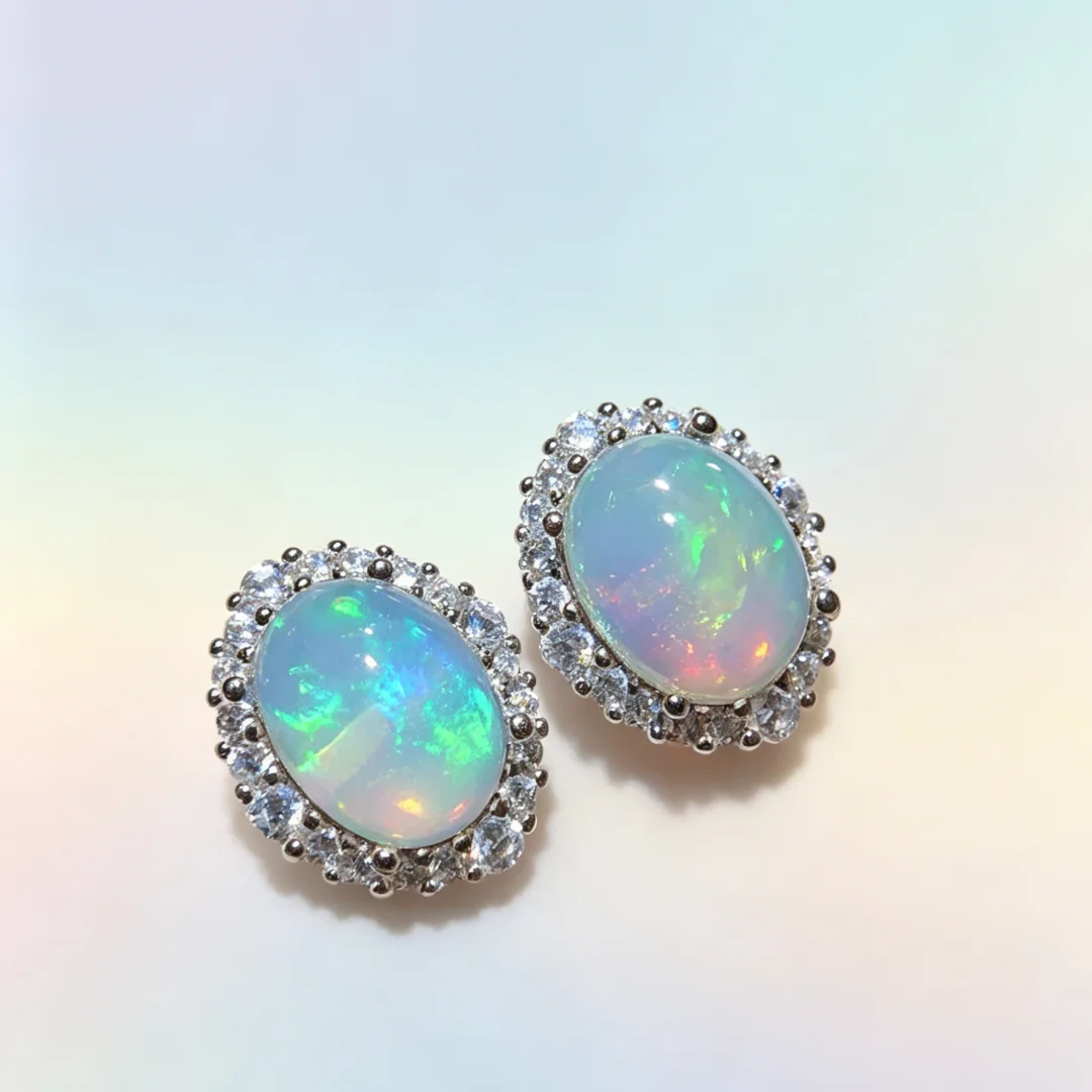 Classics Design Natural Opal Stud Earrings 8*10mm S925 Sterling Silver Flame Color Delicate Band Daily Wear Earrings