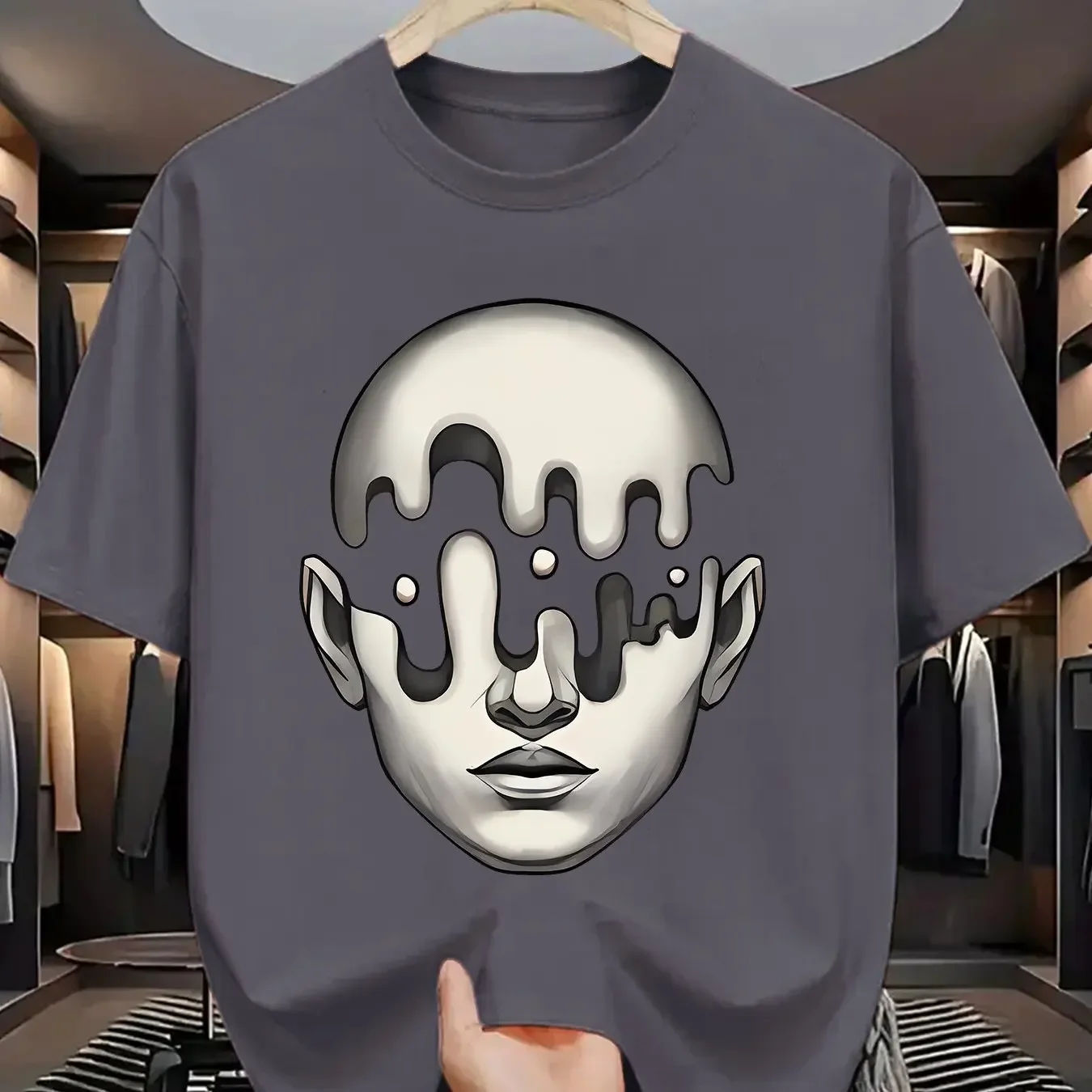 Men's 100% Cotton T-shirt with Melting Face Surreal Art Print Casual Fashion Street Style Top
