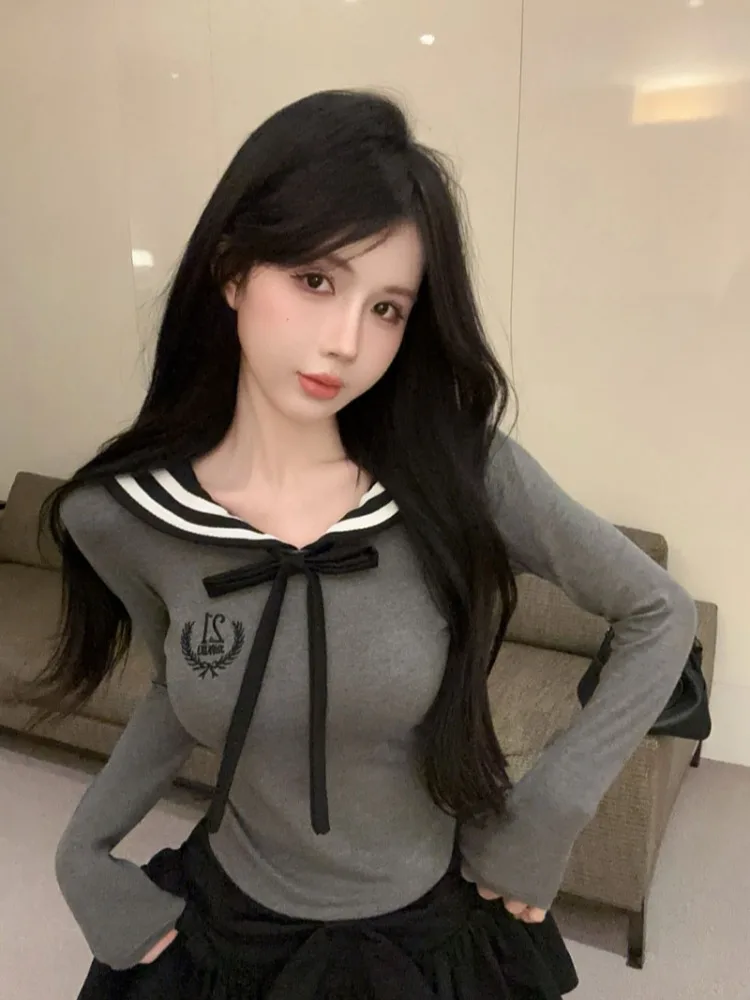 

Cute Sweet College Style Long Sleeve Turn-down Collar Bow Tie Skirt Pants Set Inner And Outer Wear Korean Style Commute