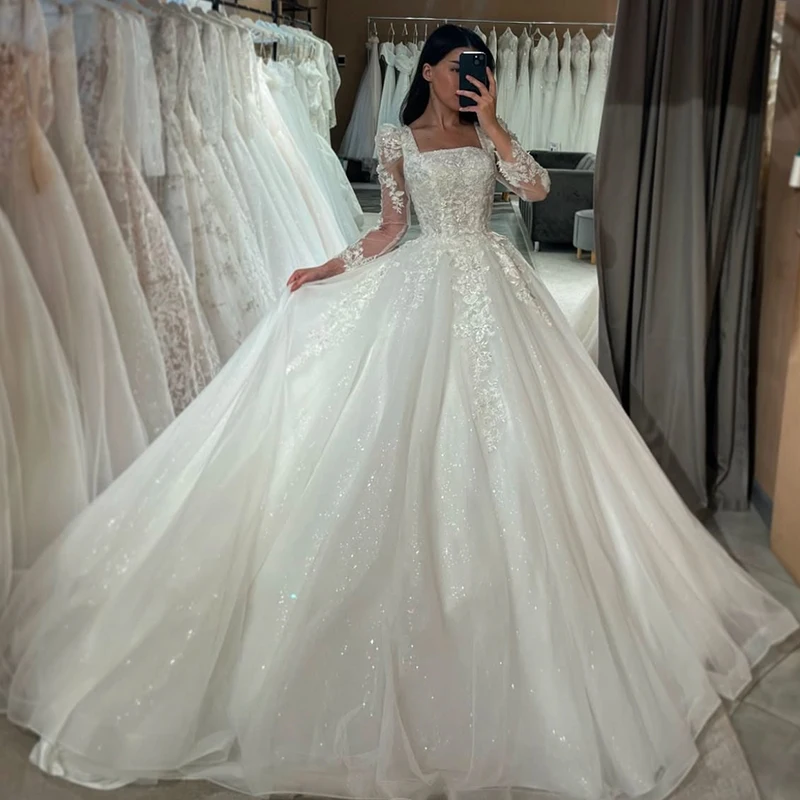 

Romantic Wedding Dress Organza With Embroidery Sequins Ball Gown Square Collar Full Sleeve Customized Bride Vestido De Novia