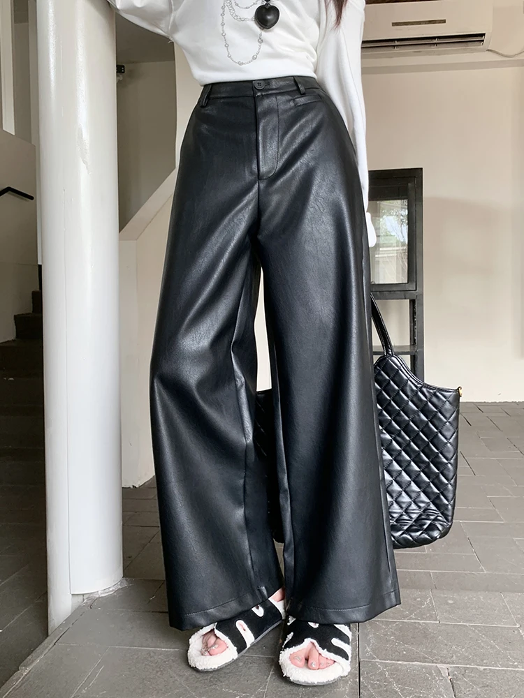Vintage Micro Flare PU Leather Pants Women Casual Ankle-Length Pants Loose Wide Leg High Waist Autumn Winter Pants Pocket Pants