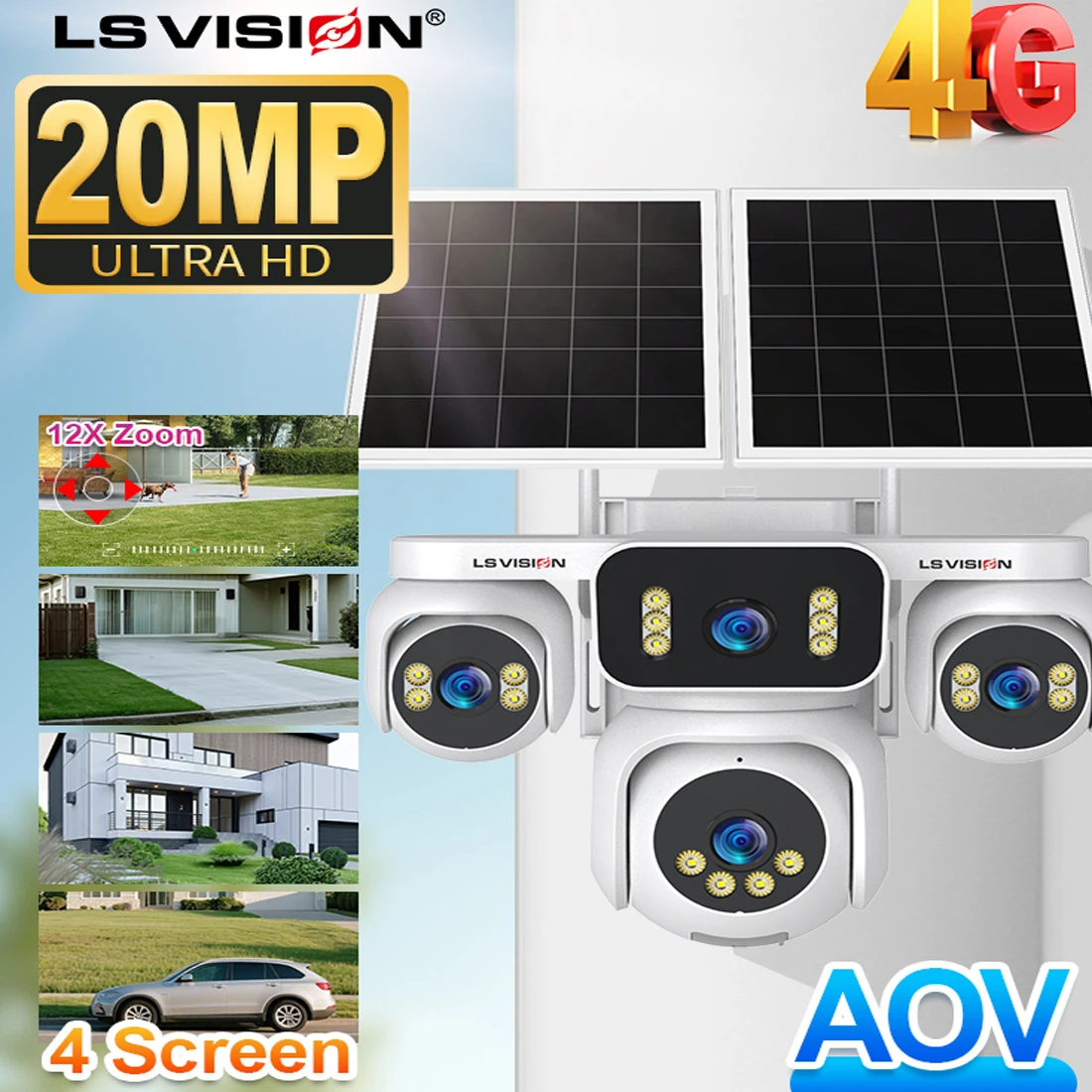 LS VISION Four Screen Outdoor Surveillance Cameras Solar Energy	4 Lens PTZ Cctv Monitoring 4G Ecloud -Sim 24/7 Recording Video