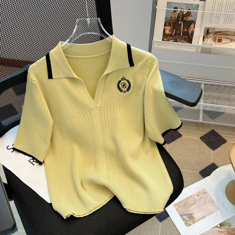 

Women's Clothing Large Size Embroidery Polo Casual T-shirt Summer Loose Elegant Knit Short Sleeve Tees Lady Turn-down Collar Top