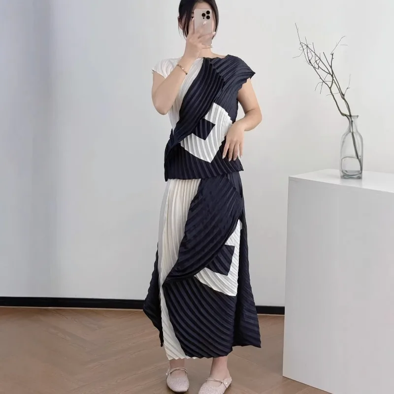 

Miyake Pleated Skirt Set Plisse 2026 Original Pleated Color Block Irregular Small Design Fashion Versatile Draped Printed Set