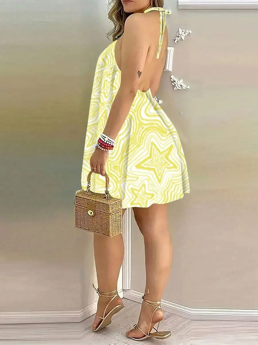 

Women Backless Halter Dress Yellow White Abstract Star Print Casual Loose Everyday Street Dress