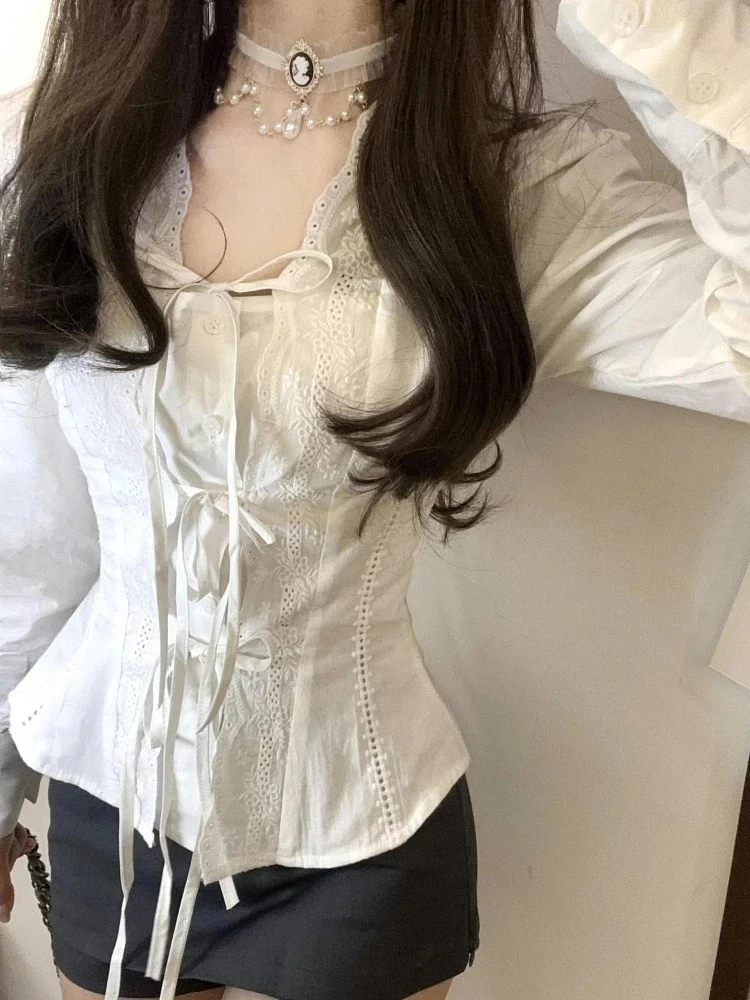 Bandage Lace Spliced Women's Blouses New Long Sleeve Shirts Spring Autumn Ropa Mujer Blusas Korean Elegant Fashion Tops