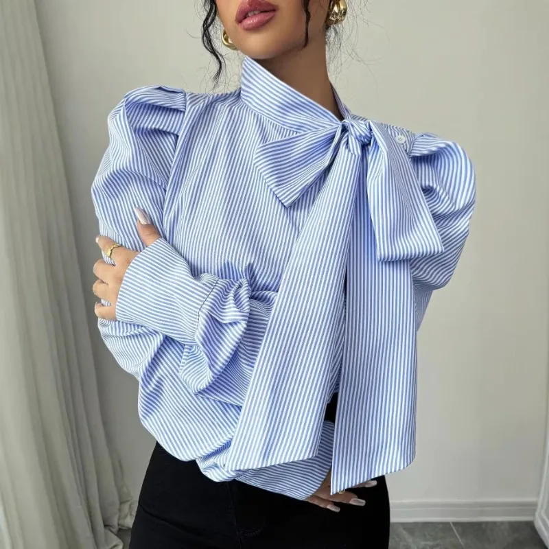 

Новая женская одежда для трансграничной торговли (Европа, Америка, Amazon): Весна 2026 – Полосатая повседневная рубашка с длинным рукавом и рукавами-фонариками