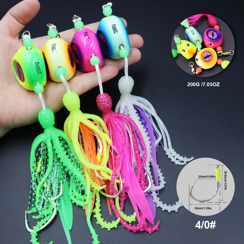 ZYZHE 1 Stück Meeresfischerei-Köder 120/150/200G Leuchtender JIG mit Weichem Oktopus-Köder Bootsfischen Schnurhaken Tiefsee-Angelköder – Detail 9