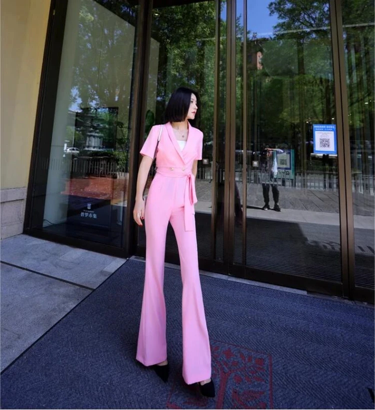 new summer office lady Fashion casual brand female women girls pink thin short sleeve jumpsuits