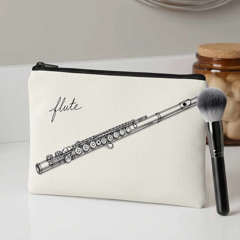 2D Print Makeup Bag, Elegant Flute Design for Music Lovers, Pouch to Carry Essentials for Concerts & Daily Practice