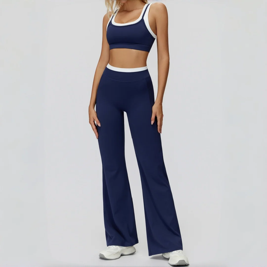 Set da yoga finto in due pezzi color block da donna fitness a costine a vita alta pesca anca casual corsa allenamento abbigliamento palestra set sportivo