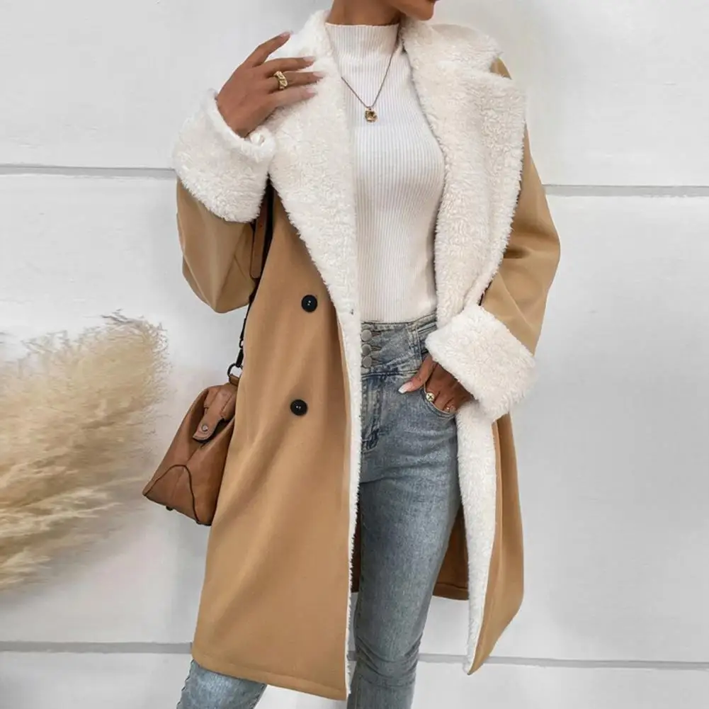 

Solid Color Jacket Stylish Women's Double-breasted Mid Length Overcoat with Plush Warmth Stand Collar for Fall Winter for A