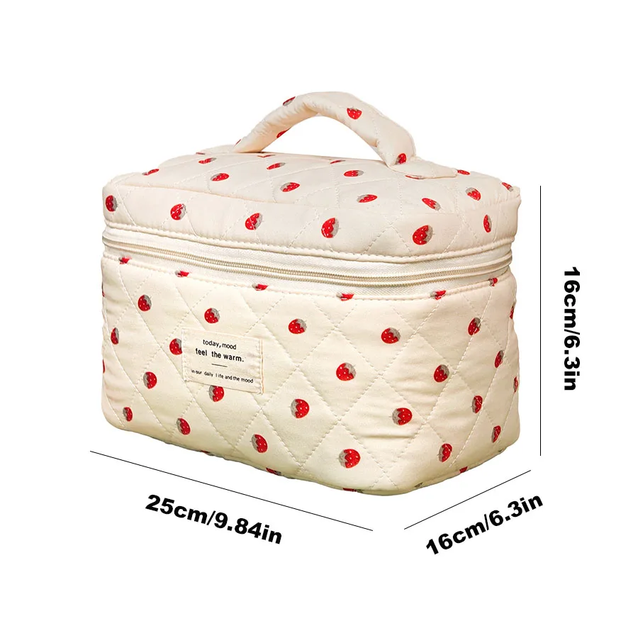 Borsa per il trucco alla fragola Borse per cosmetici da donna Moda portatile carina custodia da viaggio per cosmetici Borsa in cotone trapuntato con cerniera Pu
