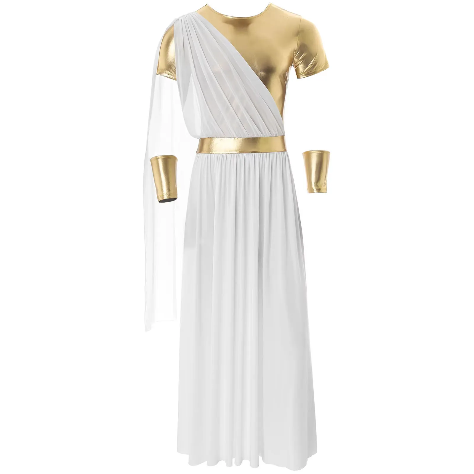 Mens Halloween Ancient Greek God Toga Costumes Roman Emperor Role Play Robe Short Sleeve Metallic Tunic Outfit Party Dress Up