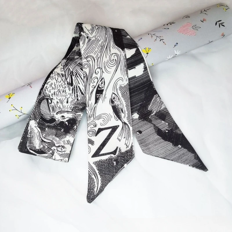 

2025 Korean Version New 26 Letter Fashionable Small Scarves for Women with Thin Narrow Long Strip Ribbons Tied Bags and Ribbons