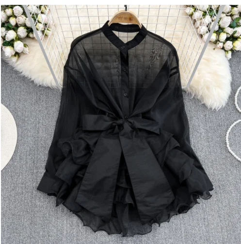 

2023 Spring Fashion Gauze O-Neck Solid Color Bow Shirt Women's Loose Elegant Lace-up Waist Single Breasted Shirts
