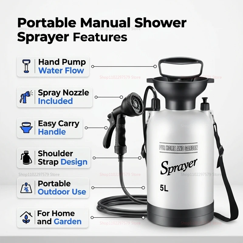 Portable Camping Shower 5L Manual Pump Water System Outdoor Shower with 1.5 Meter Hose Perfect for Hiking Beach Backpacking