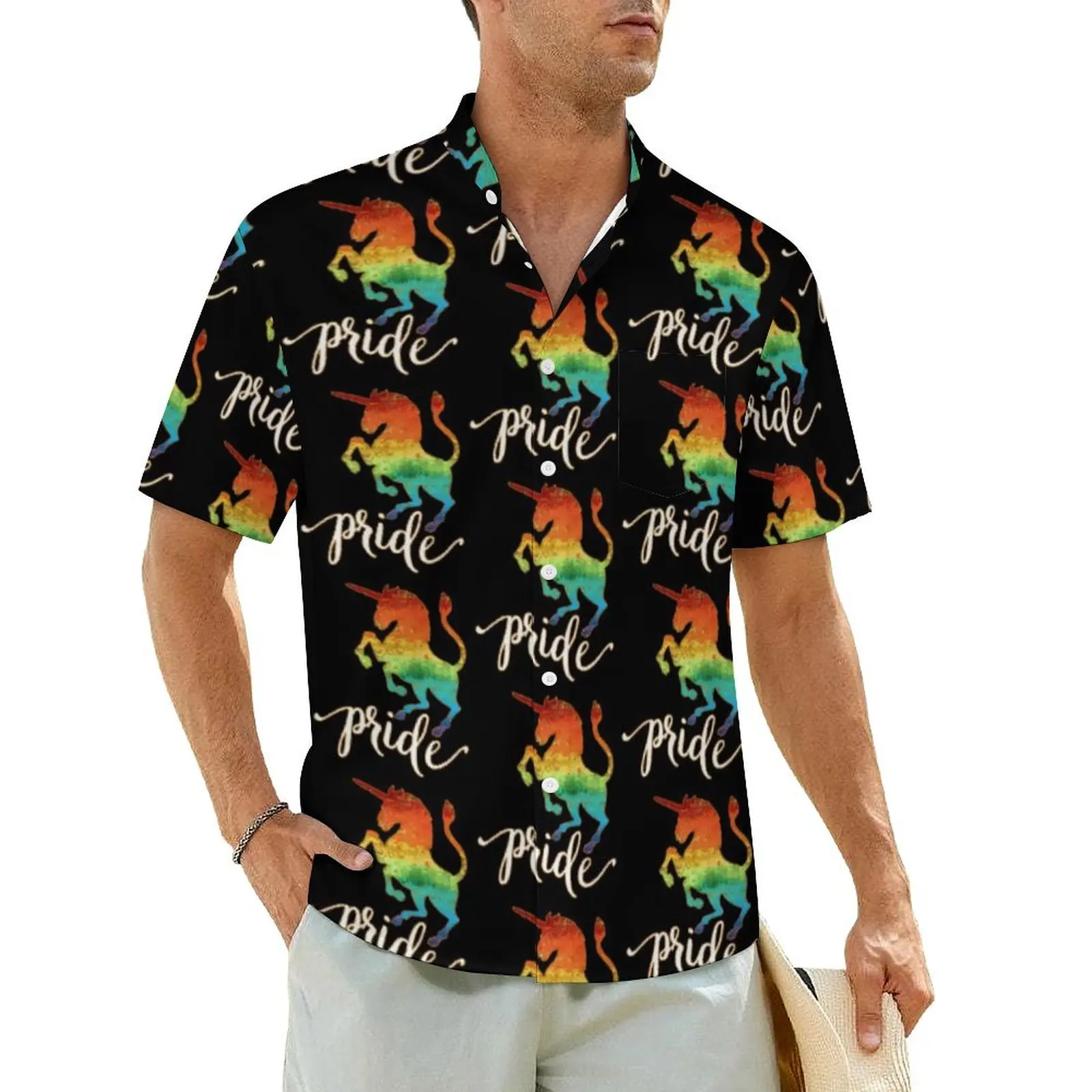 

Hawaiian Shirt Beach Rainbow Unicorn Blouses Pride Letter Elegant Casual Shirts Male Short Sleeve Streetwear Plus Size Clothes