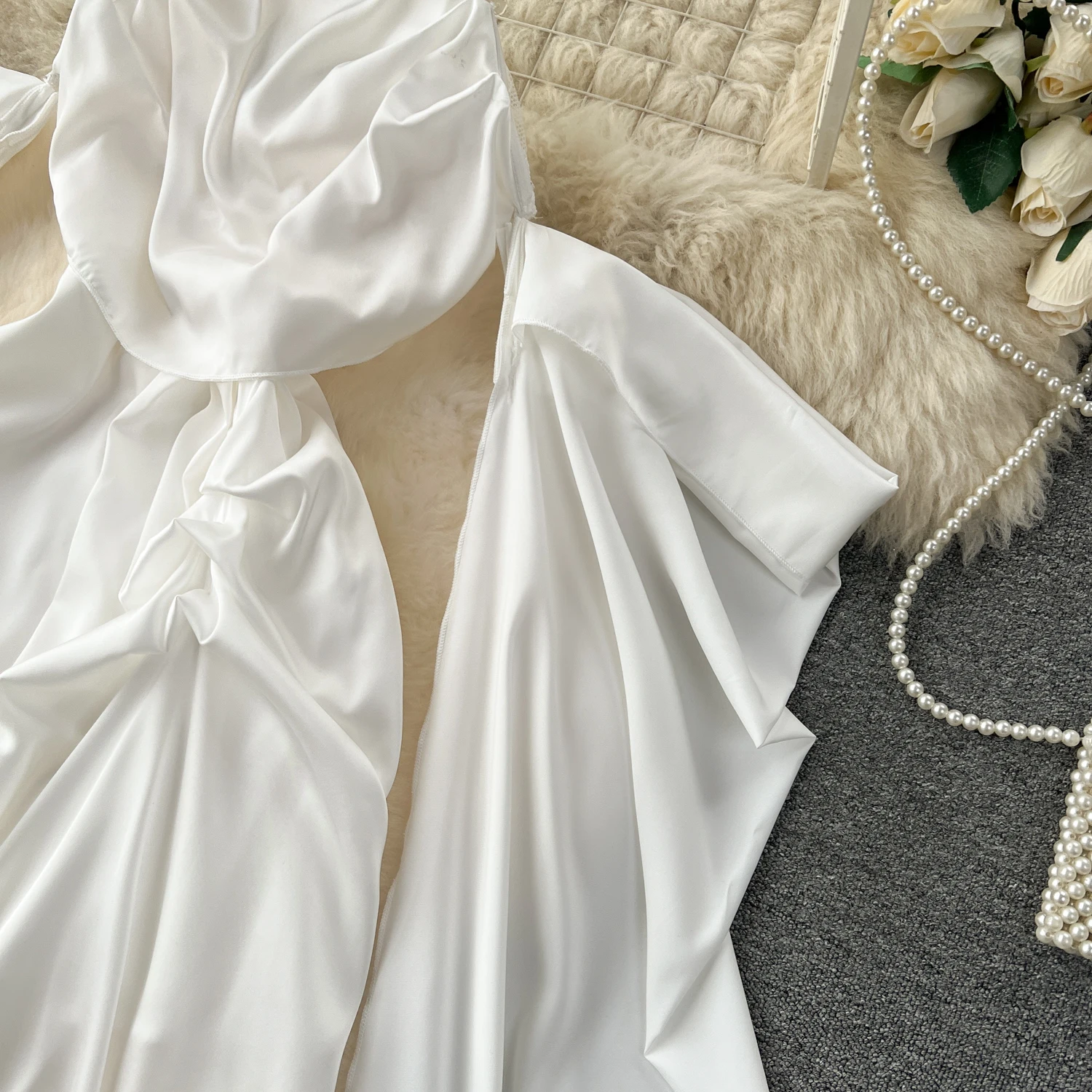 Lady Satin Silky Wedding Bride Long Dress White Festivel Birthday Dinner Banquets Party Dresses Women Honeymoon Tropical Dresses