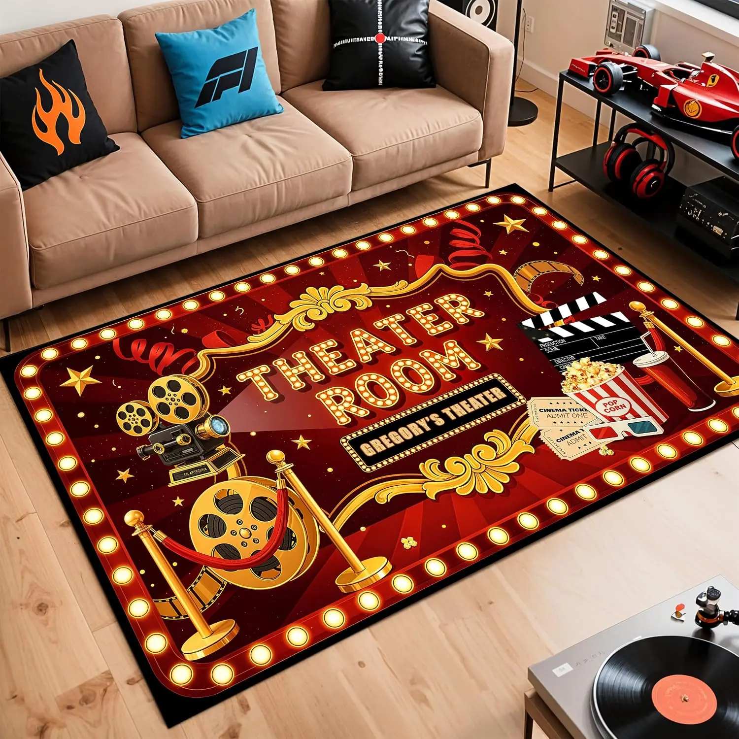Custom Lettering Cinema Rug, Soft Non-Slip Carpet for Home Theater Media Room, Individual Cinema Experience Decor Floor Mat