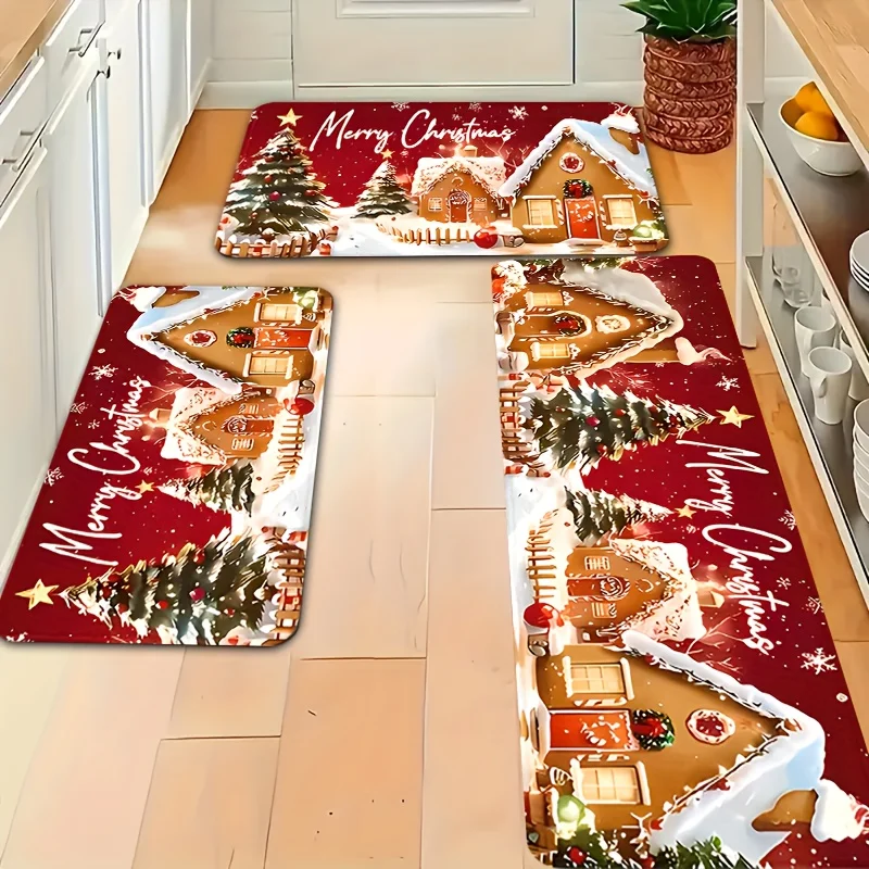 Christmas Kitchen Rugs Set Snowman Santa Xmas Print Non Slip Mat 1/2/3Pcs Options Washable Holiday Home Floor Decor