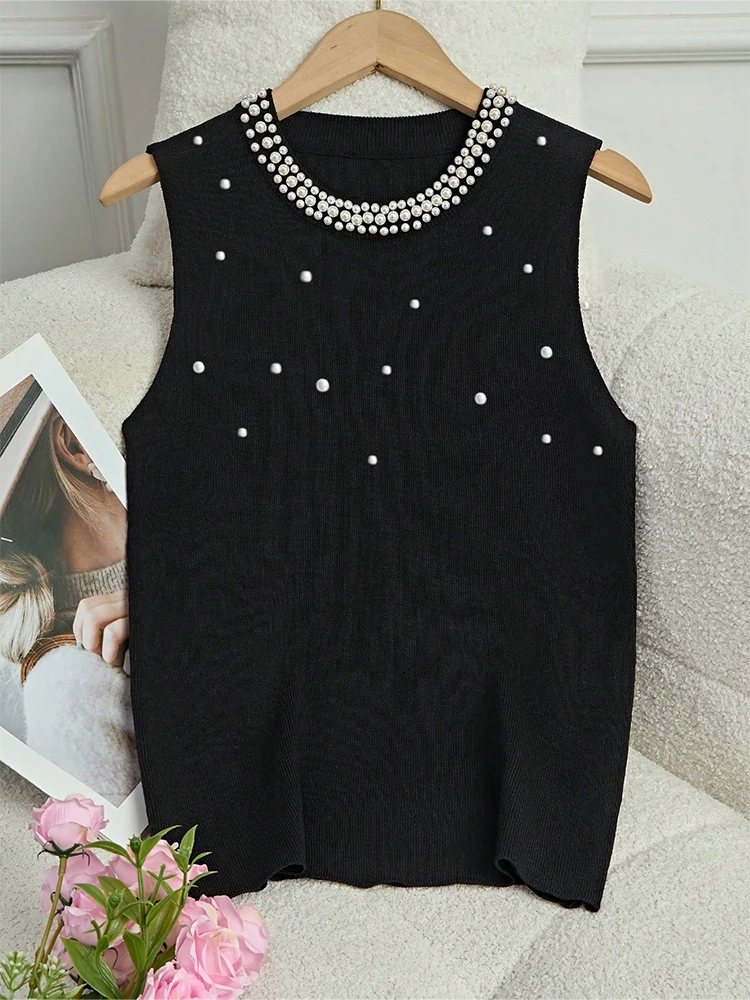 

Осенние новые поступления, элегантный и изысканный вязаный топ без рукавов с приталенной талией и жемчужными украшениями, универсальный для любого случая