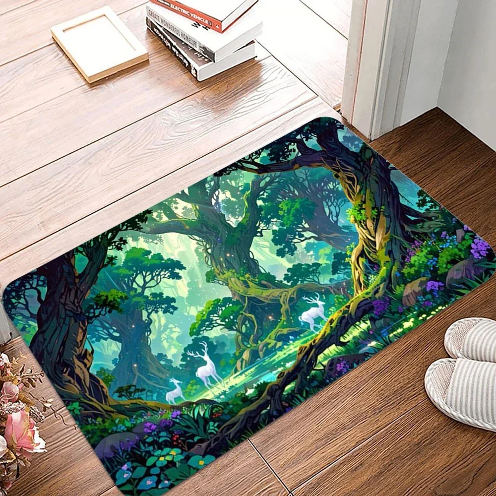Ancient Mysterious Primitive Forest Doormat Cherry Blossom Waterfall Welcome Mat Afternoon Sunshine Encountered