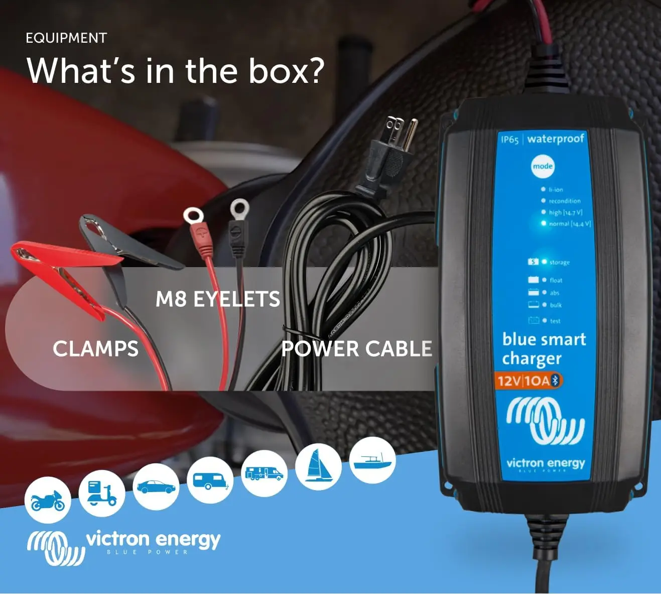 Smart IP65 Car Battery Charger 12V 10A for Motorcycle, ATV, RV, Lithium & Deep Cycle Batteries