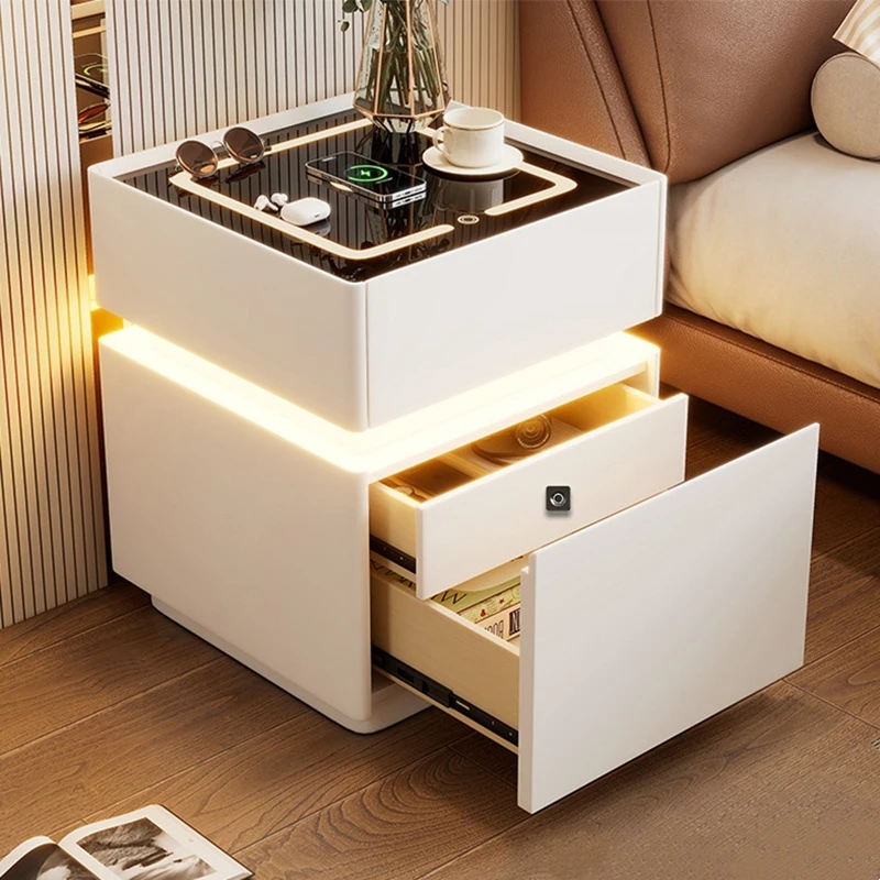 Minimalist Wooden Nightstand Luxury Modern Style Smart Bedside Cabinet with Fingerprints Lock High-End Home Storage Cabinet