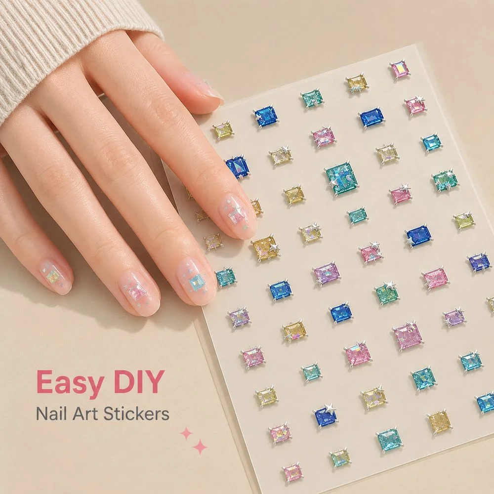 1Pc Self‑Adhesive Bling Nail Decals Multicolor Square Sugar Hologram Star Rhinestone Stickers For Daily DIY Manicure Work