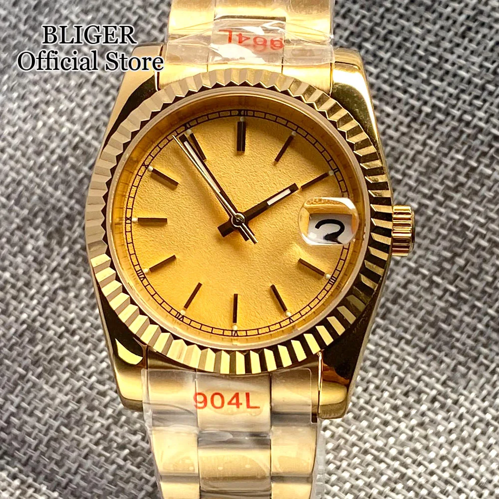 BLIGER 36mm NH35A Automatic Watch For Men Sapphire Glass Luminous Gold Hands Polished Case Steel Bracelet Yellow Dial