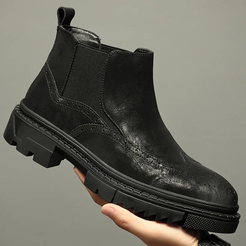 Men's Black Chelsea Boots Genuine Leather Ankle Boots 2026 New Warm Plush Lined Thick Non-Slip Casual Platform Boots Men's Shoes