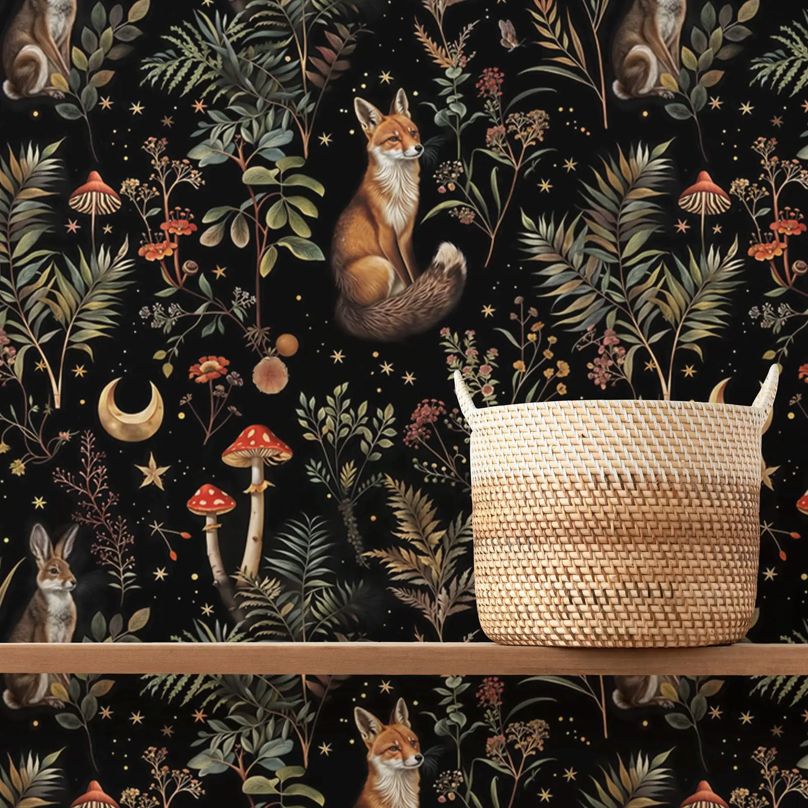 Dark Mushroom Wallpaper Peel and Stick, Whimsical Botanical Wall Mural Secret Garden at Night,Self-adhesive Or Tradition Papers