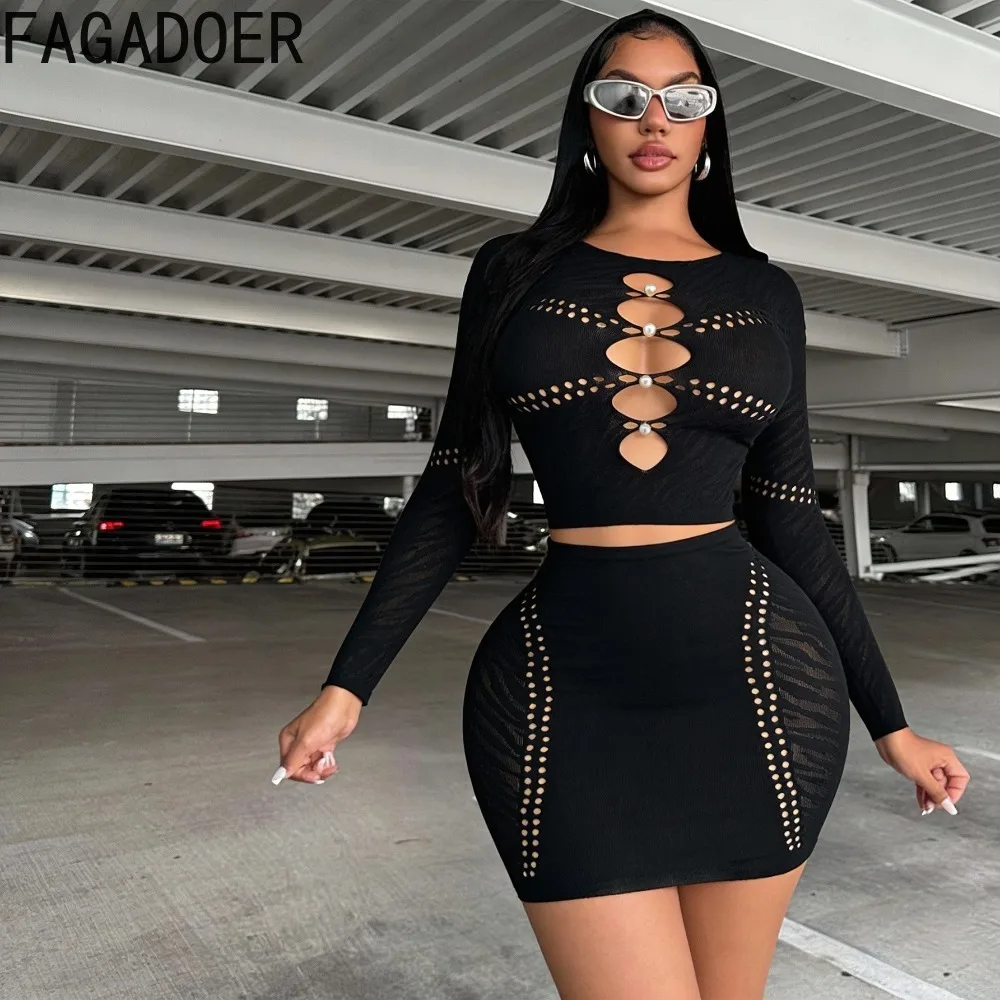 FAGADOER Womens 2 Piece Skirt Set Pearl Beaded Cutout Knit Long Sleeve Crop Top Bodycon Mini Skirt Sexy Matching Outfit Clubwear