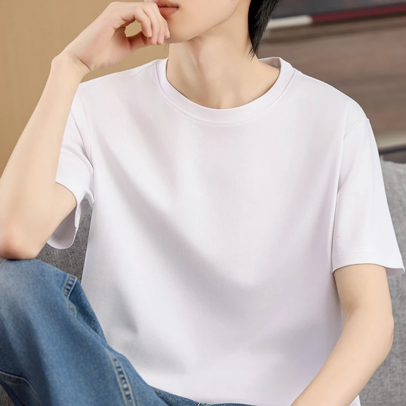 

Летние мужские шелковые футболки из 100% мерсеризованного хлопка с круглым вырезом и короткими рукавами, свободные прямые топы, простые повседневные футболки для минимализма 2025 г.