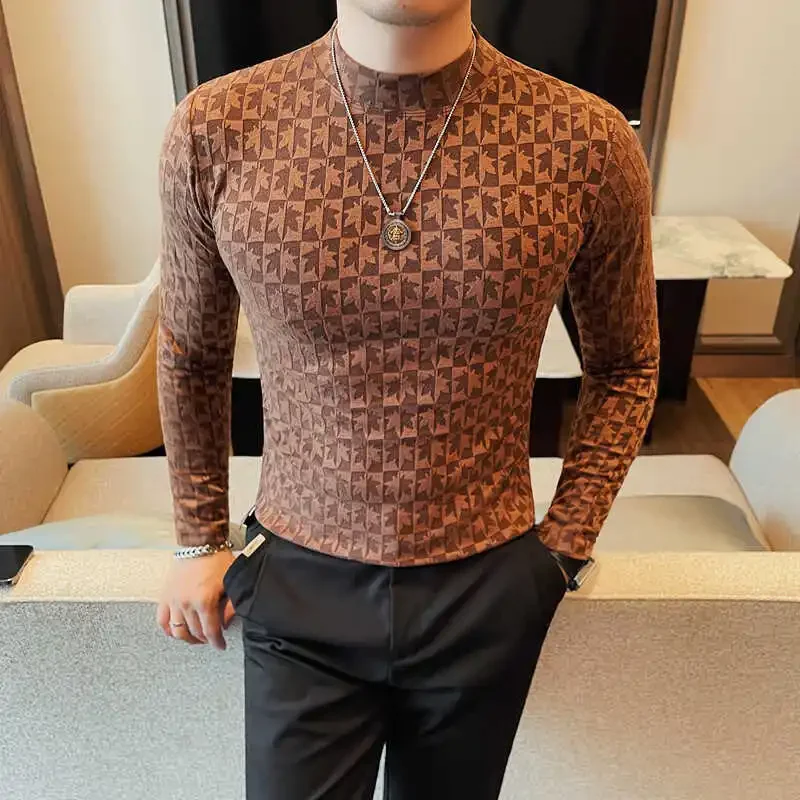 Printed Semi Turtleneck Elastic T-shirt For Men Clothing Autumn New Long Sleeves Jacquard Tight-Fitting Solid Color Slim-fit Tee