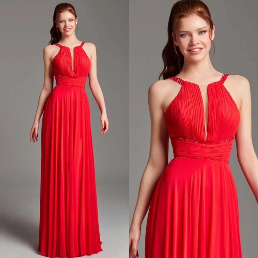

Customized Modern Red Chiffon Evening Dress Exquisite Halter Sleeveless Homecoming Dresses Formal Special Occasion Gowns