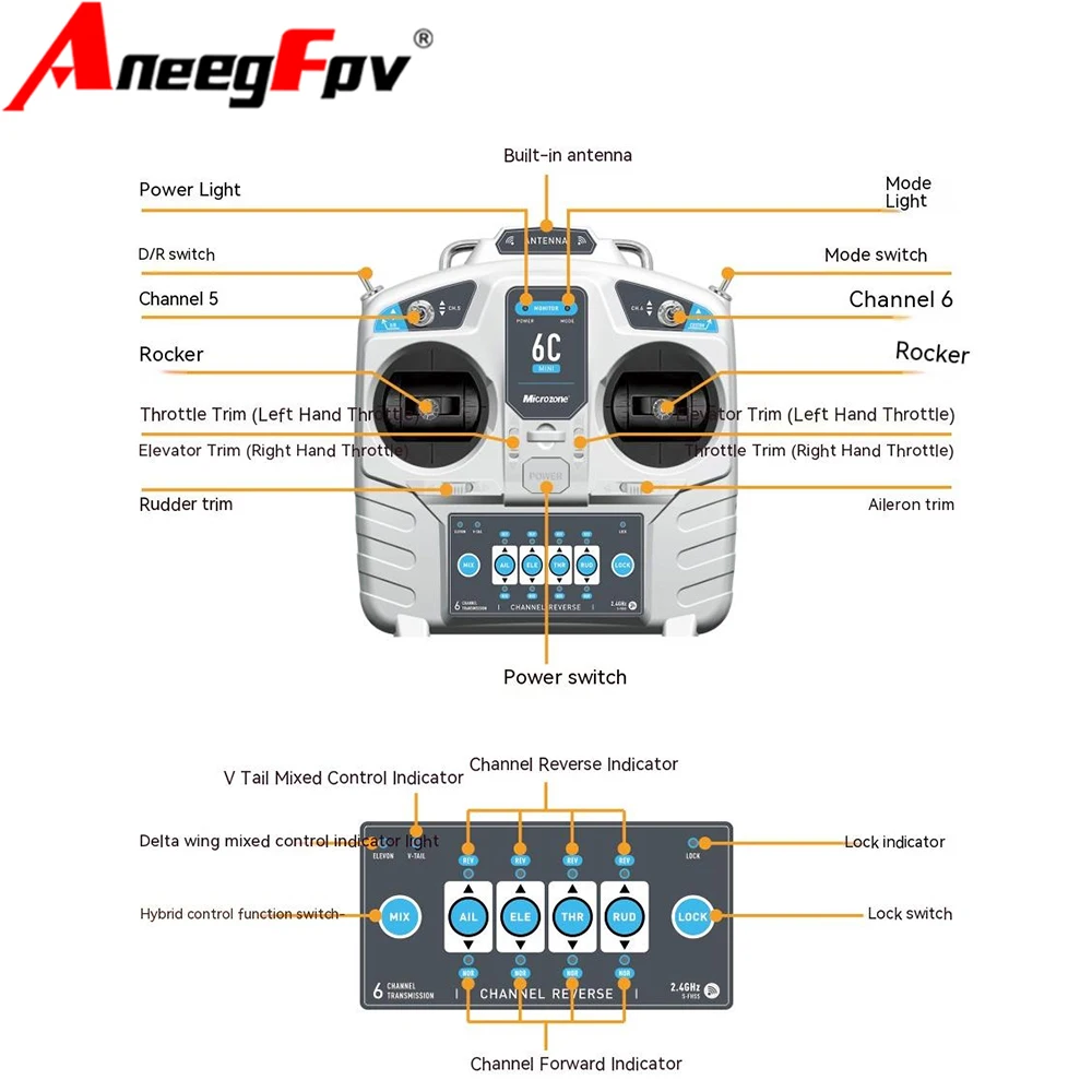 MicroZone MC6C Mini V2 2.4G 6CH Controller Transmitter W/ Receiver Radio System For RC Airplane Drone Multirotor Helicopter Boat