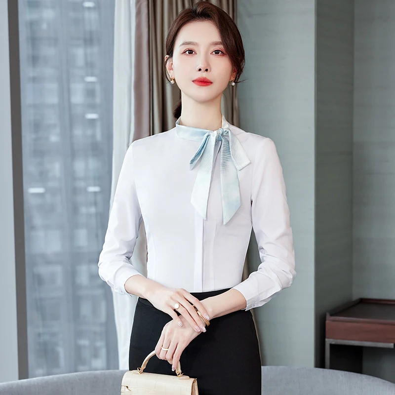 NAVIU New Style Summer Autumn Fashion Formal Ladies Shirt Women Tops Slim Elegant Office Stand Bow Blue White Blouse Work Wear