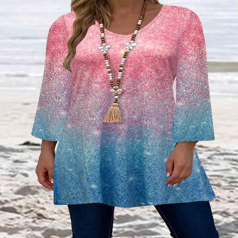 

Plus Size Casual Women's Plus Ombre Three Quarter Sleeve V Neck Slight Stretch Top