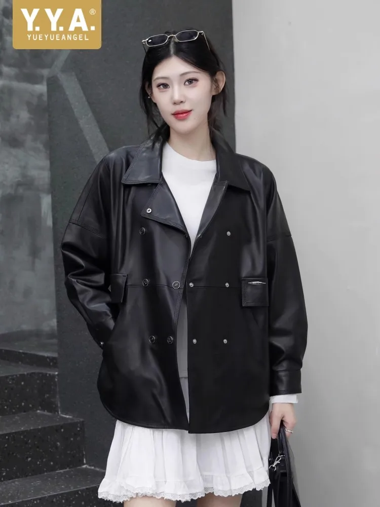 Women Genuine Leather Jacket Lapel Double Breasted Loose Fit Casual Outerwear Fashion Sheepskin Streetwear Short Windbreakers