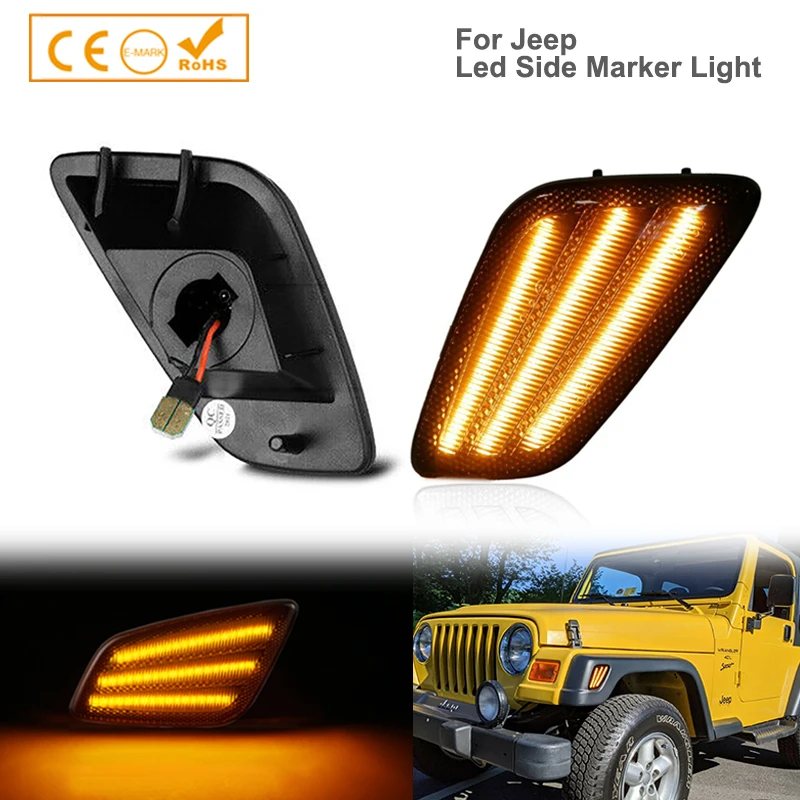 

Front Fender Side Marker Lights Led Amber Turn Marker Signal Lamps For 97-06 Jeep Wrangler TJ 55155629AC 55155628AC -Smoked Lens