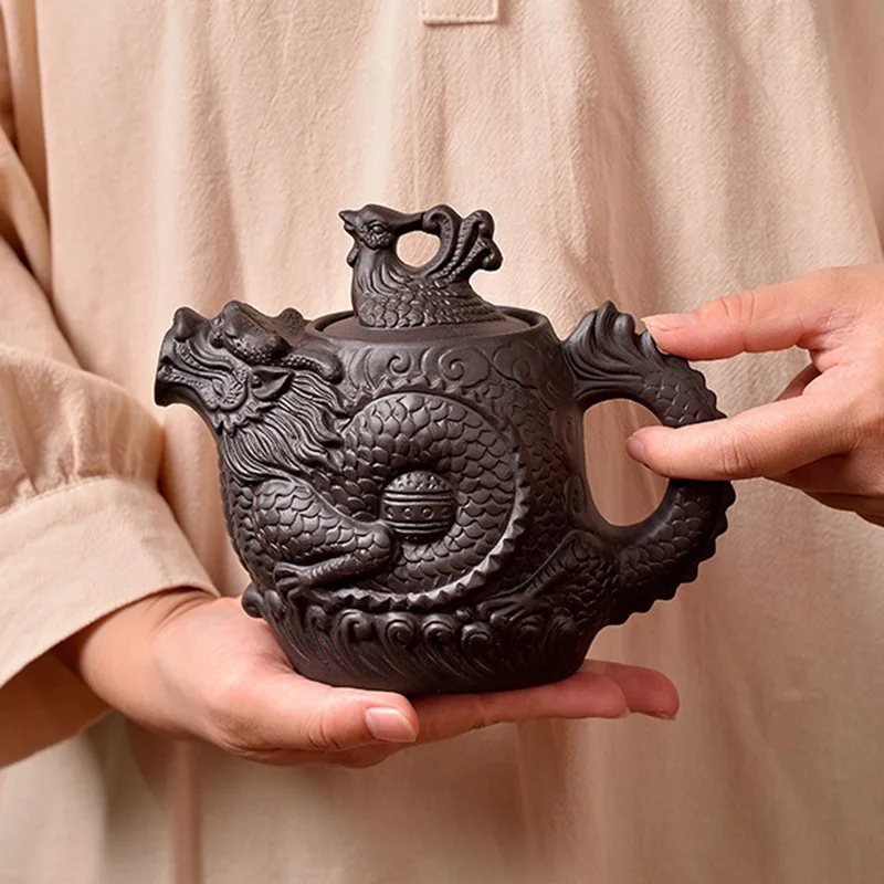 

Yixing-Purple Clay Tea Pot, Large Capacity, Dragon Phoenix Tea Pot, Built in Stainless Steel Filter, Kung Fu Tea Set, 250ml