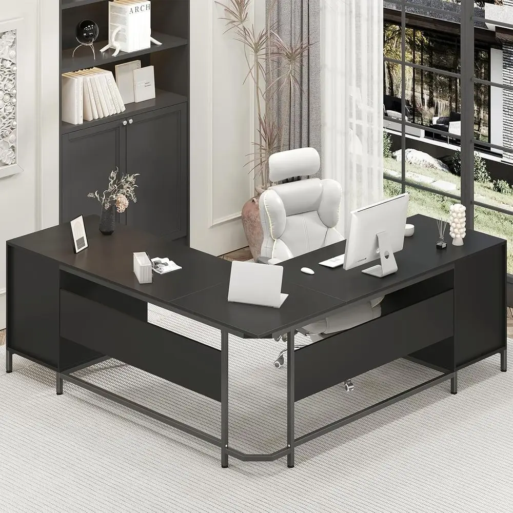 Large L-Shaped Wood Desk with Storage Cabinet, Ideal for Home Office, Study, and Executive Workstation in Black