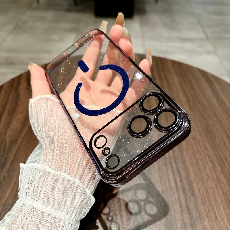 حافظة مغناطيسية لاسلكية لامعة برتقالية من إيما لهاتف آيفون 17 16 15 14 13 12 11 Pro Max Plus مع حماية عدسة تغطية كاملة