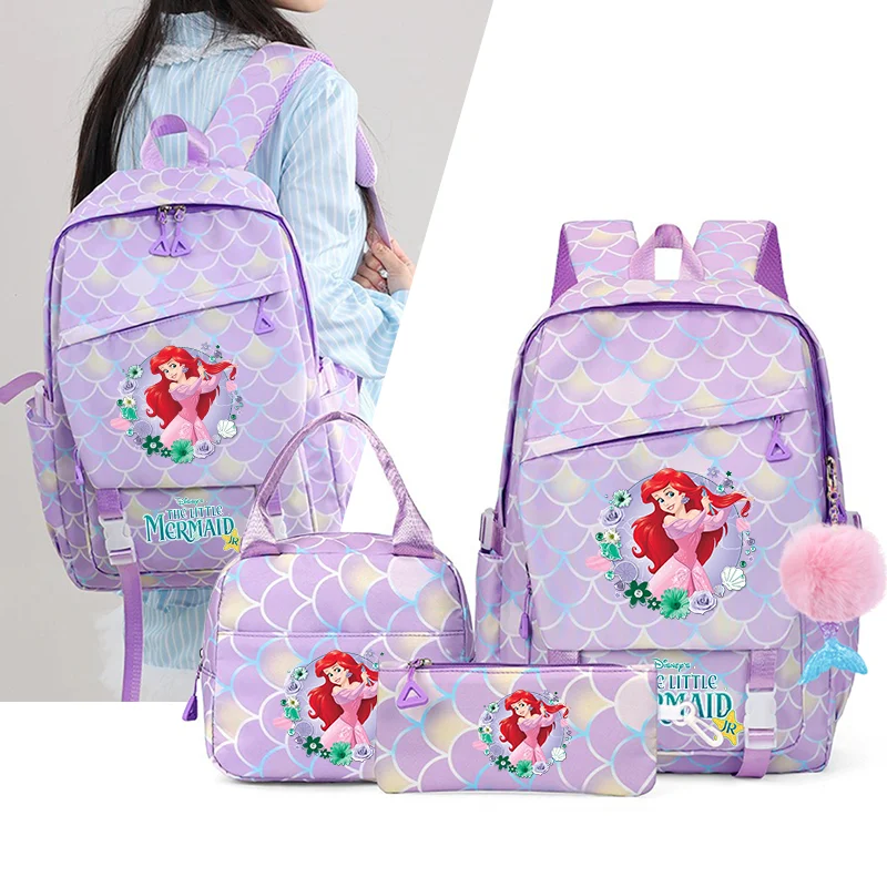 

3Pcs Backpack Set The Little Mermaid Girl Kid Student Schoolbags Double Shoulder Bag Travel Pen Lunch Bag Bookbag Laptop Bag Set