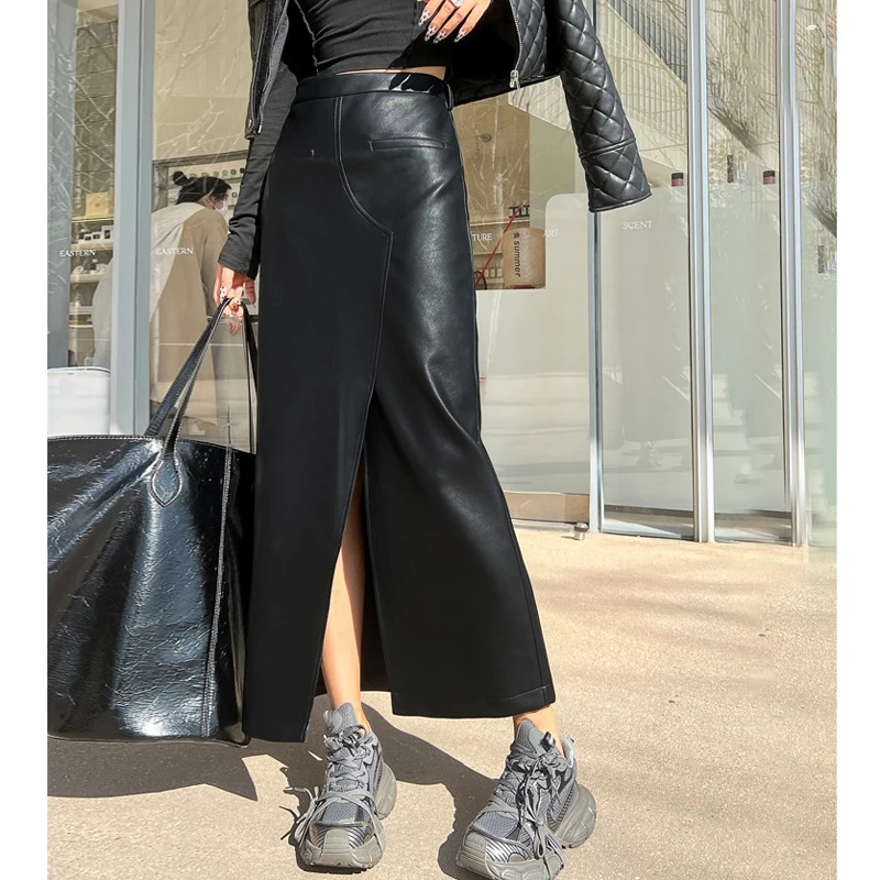 2023 New Genuine Leather Skirt for Women Vegetable Tanned Sheepskin Wrap Long Faldas Mujer Mid Length Front Slit Ankle-Length