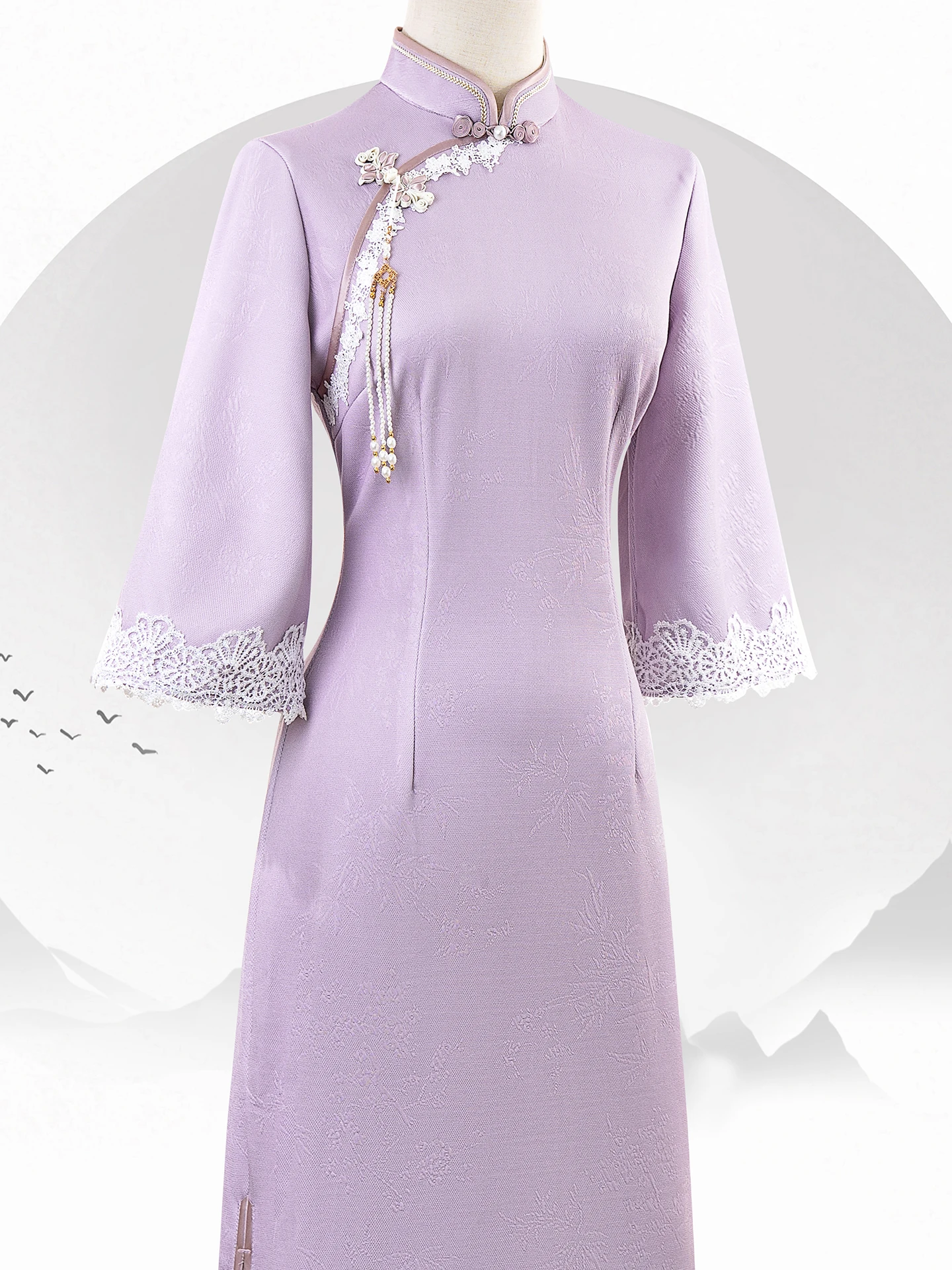 young-women's-purple-dr-vintage-sle-engaged-floral-print-ort-sve-mid-length-gown-low-slit-for-wedding