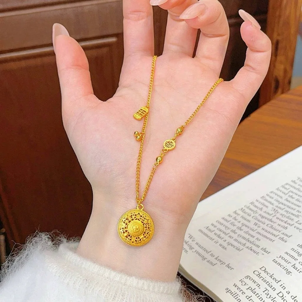 

Luxury 24K 9999 Pure Gold real gold Fu Zi Ba Rui Jixiang Necklace Hollow Disc Pendant Sweater Chain