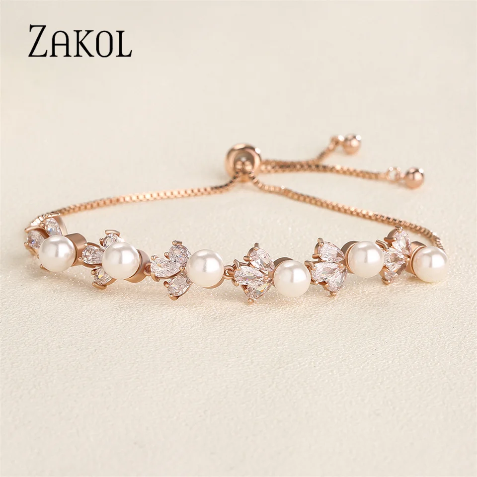 ZAKOL New Elegant White Round Imitation Pearls Bracelets for Women Fashion Leaf Zirconia Adjustable Bracelet Wedding Jewelry